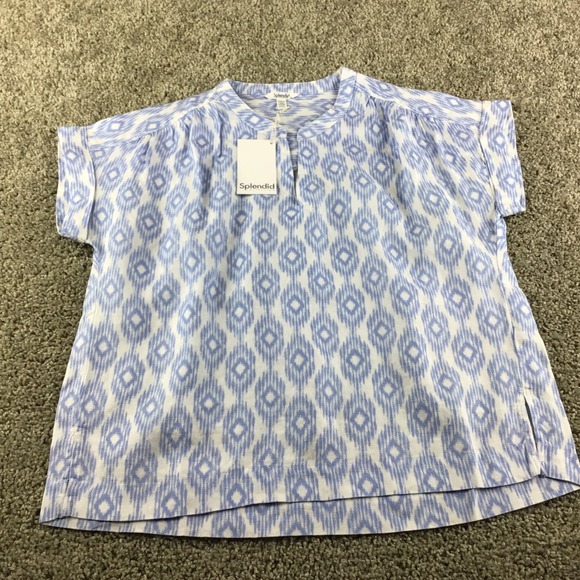 Splendid Womens St Tropez Blue White Ikat Print Linen Blouse Top Size S NWT - Picture 2 of 9